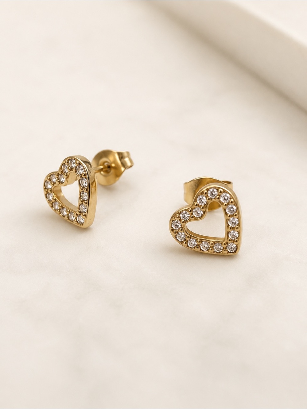 Gold Plated Crystal Heart Stud Earrings - Stainless Steel